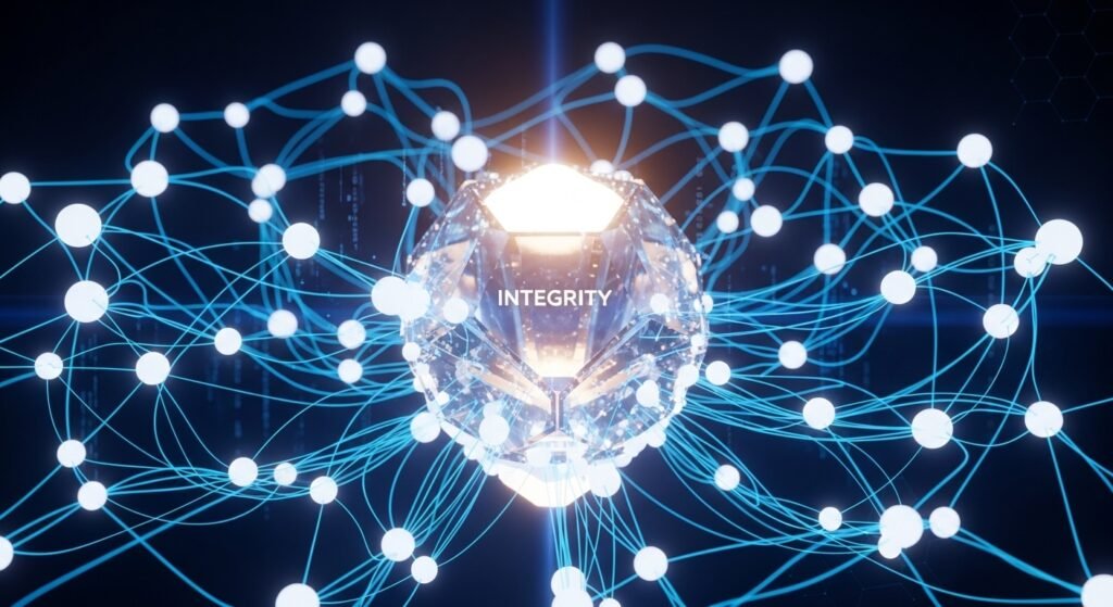 조작 방지 시스템과 데이터 무결성을 상징하는 보안 네트워크 이미지